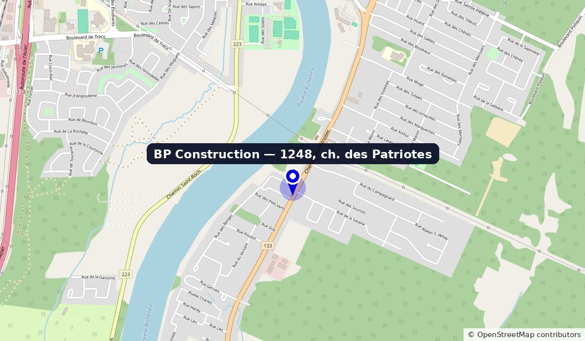 Carte montrant l'emplacement de BP Construction au 1248, chemin des Patriotes, à Sorel-Tracy, près de la Aubry